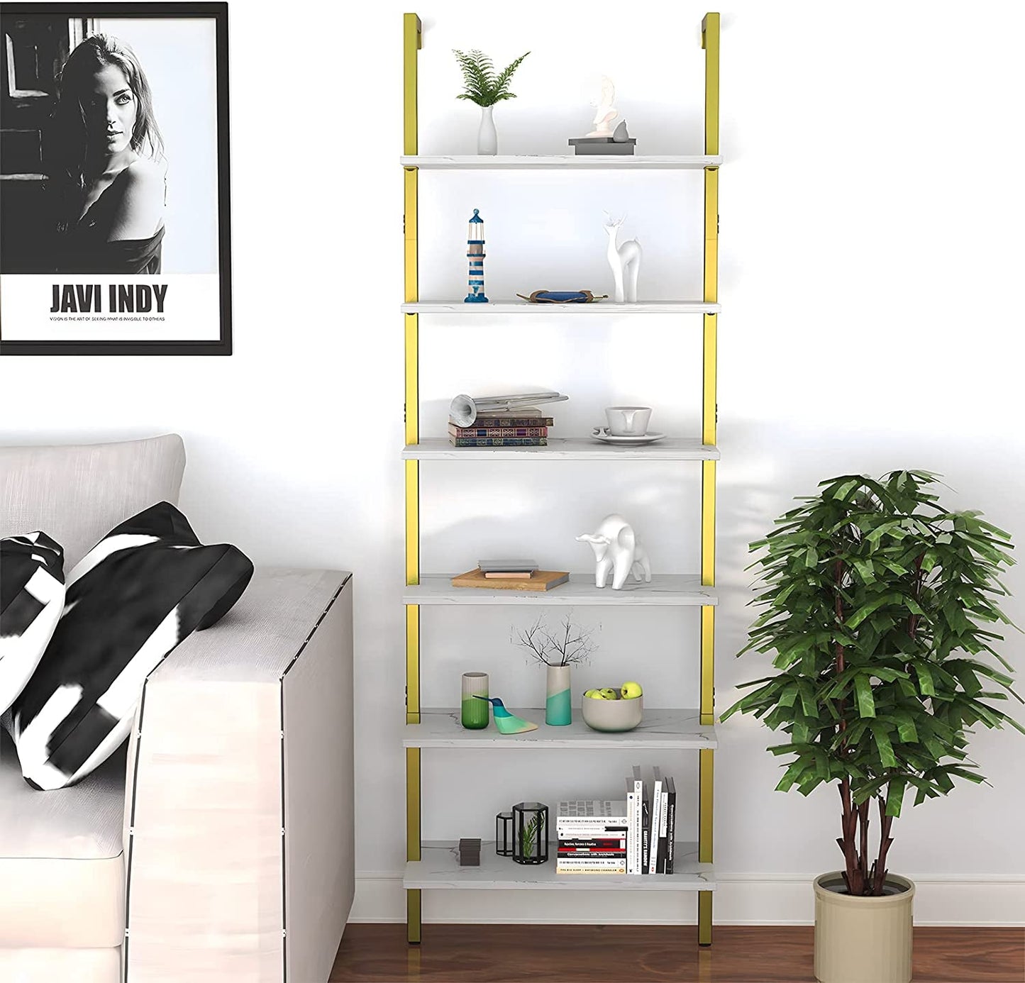 Marble White 6 Tier Ladder Shelf Bookcase Wall Mounted