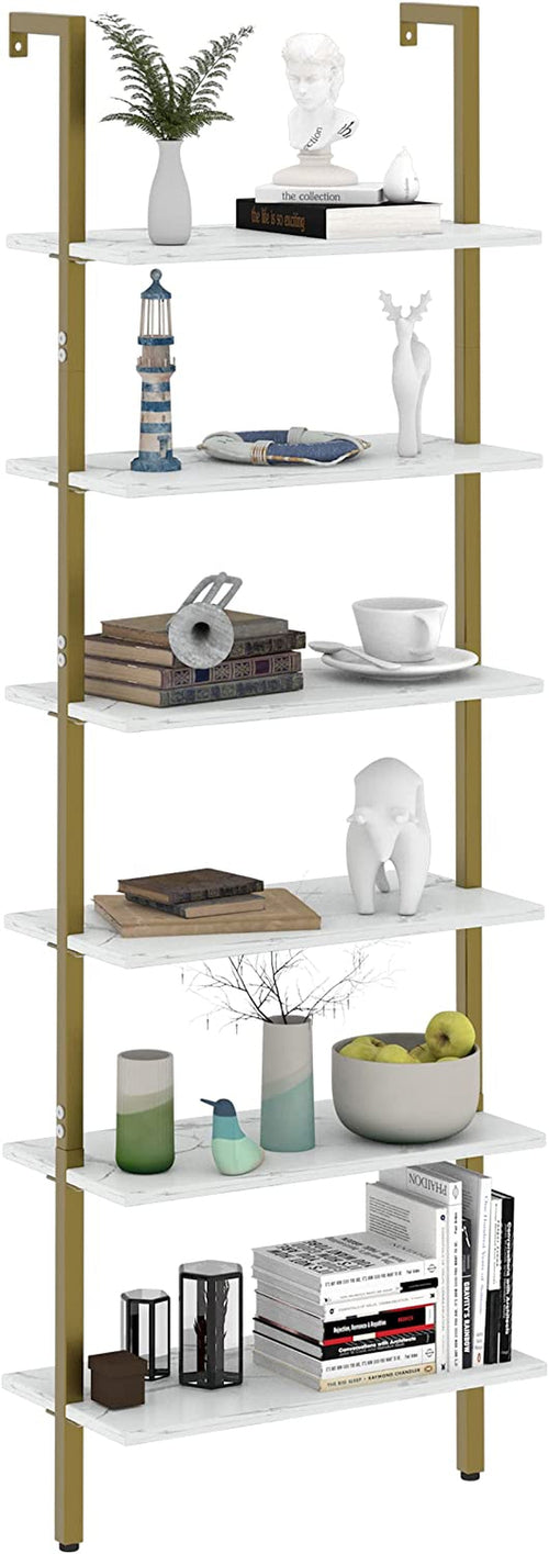 Marble White 6 Tier Ladder Shelf Bookcase Wall Mounted
