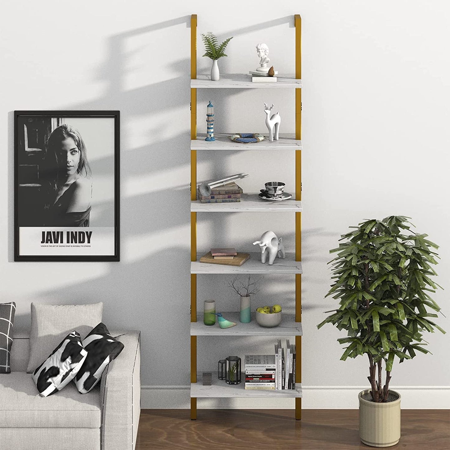 Marble White 6 Tier Ladder Shelf Bookcase Wall Mounted