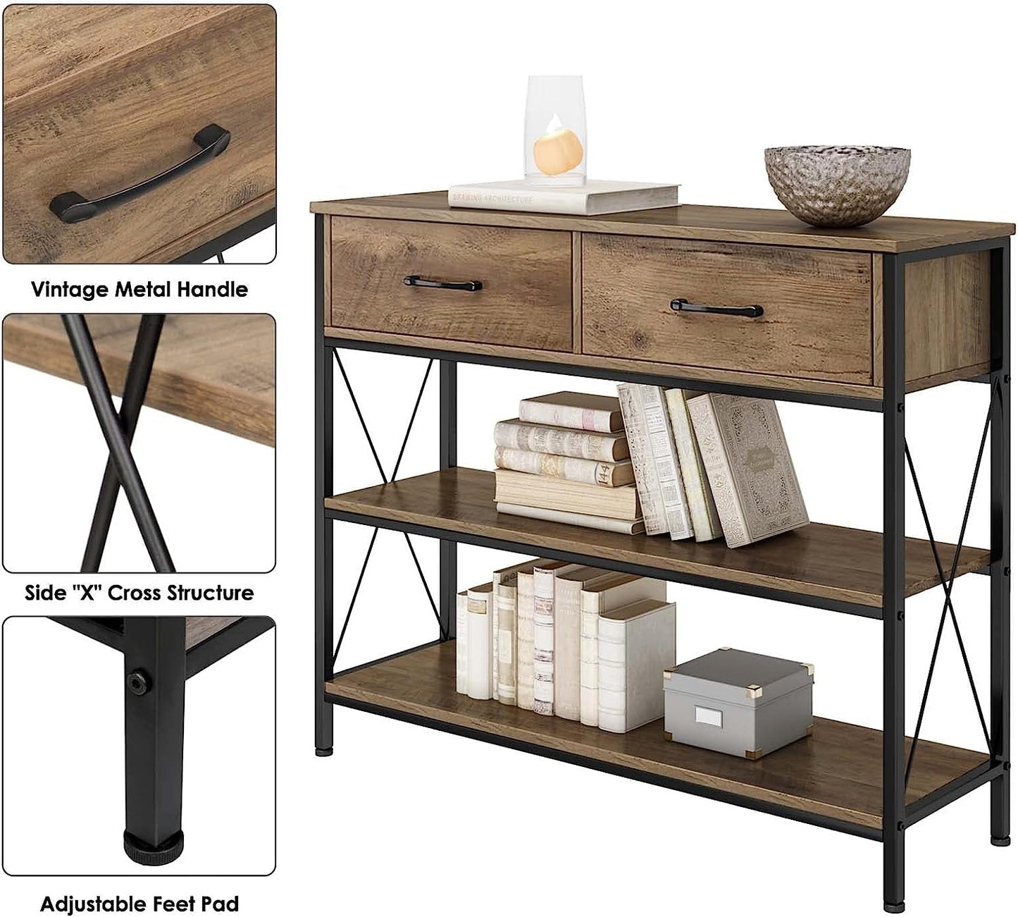 Rustic Brown Industrial Console Table With Storage Shelves