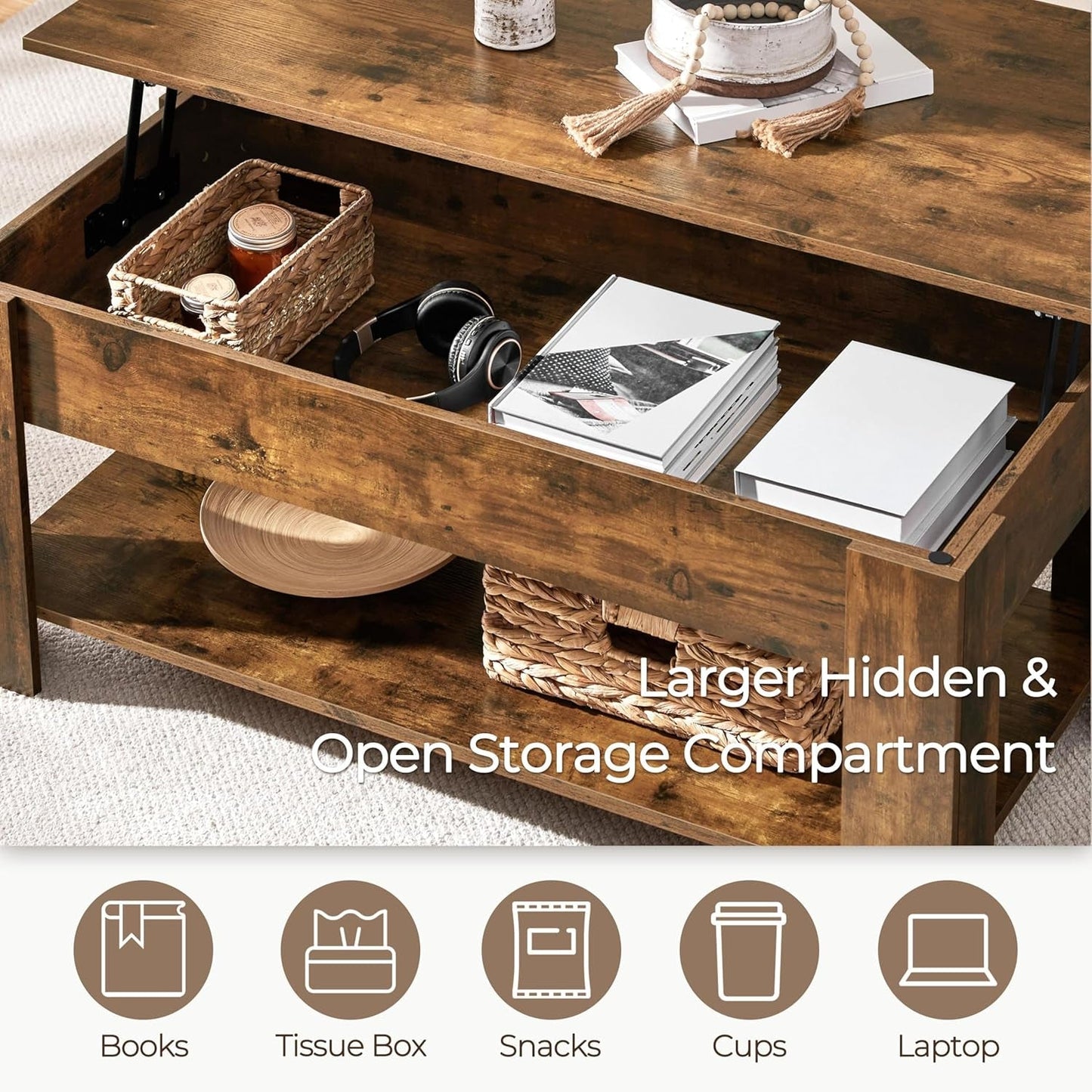 Coffee Table 47.5 Inch Lift Top With Hidden Compartment Rustic Brown