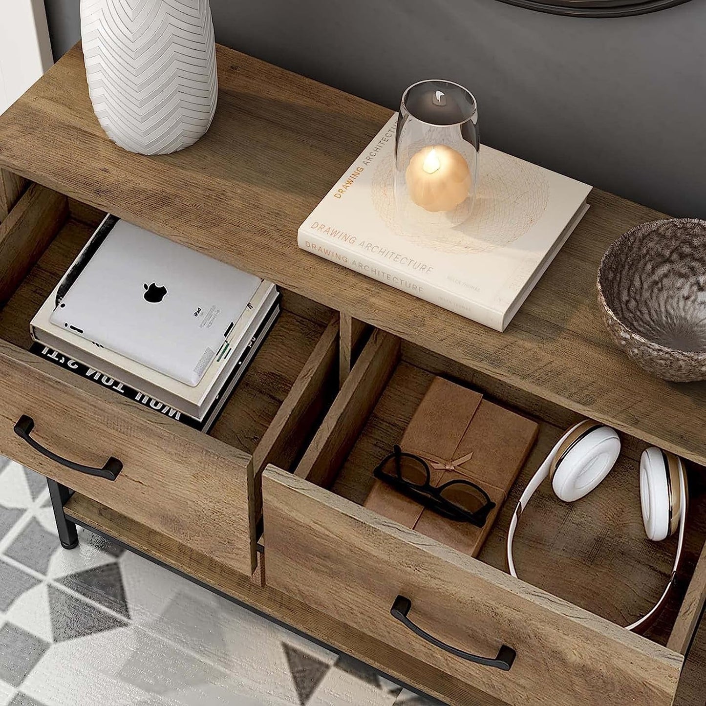 Rustic Brown Industrial Console Table With Storage Shelves